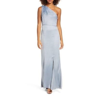 Chi Chi London Women's Eden One Shoulder Satin Trumpet Gown in Blue Size 6 $120