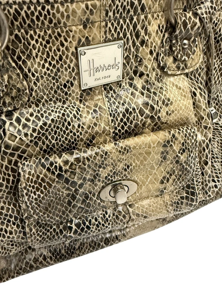 Harrods London Leather Snakeprint Handbag Tote Bag Women's Beige Black 10.5x15" - Image 2 of 4