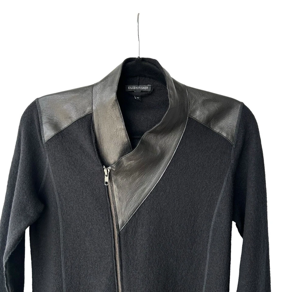 EILEEN FISHER Black Merino Wool Leather Asymmetrical Zip Jacket Coat Size XS - Image 2 of 4