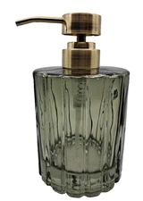 Grooved Line Clear Heavy Green Glass Gold Tone Soap Pump Dispenser 5 3/4"