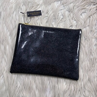 NWT Sage & Emily Black Patent Glitter Zip Top Cosmetic Pouch Bag