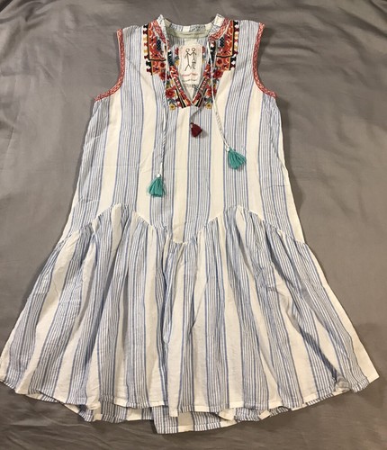 Johnny Was Dress Womens Small White Blue Striped Sleeveless Embroidered
