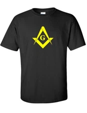 Yellow Free Mason Logo Square Compass Illuminate Black Cotton T-shirt