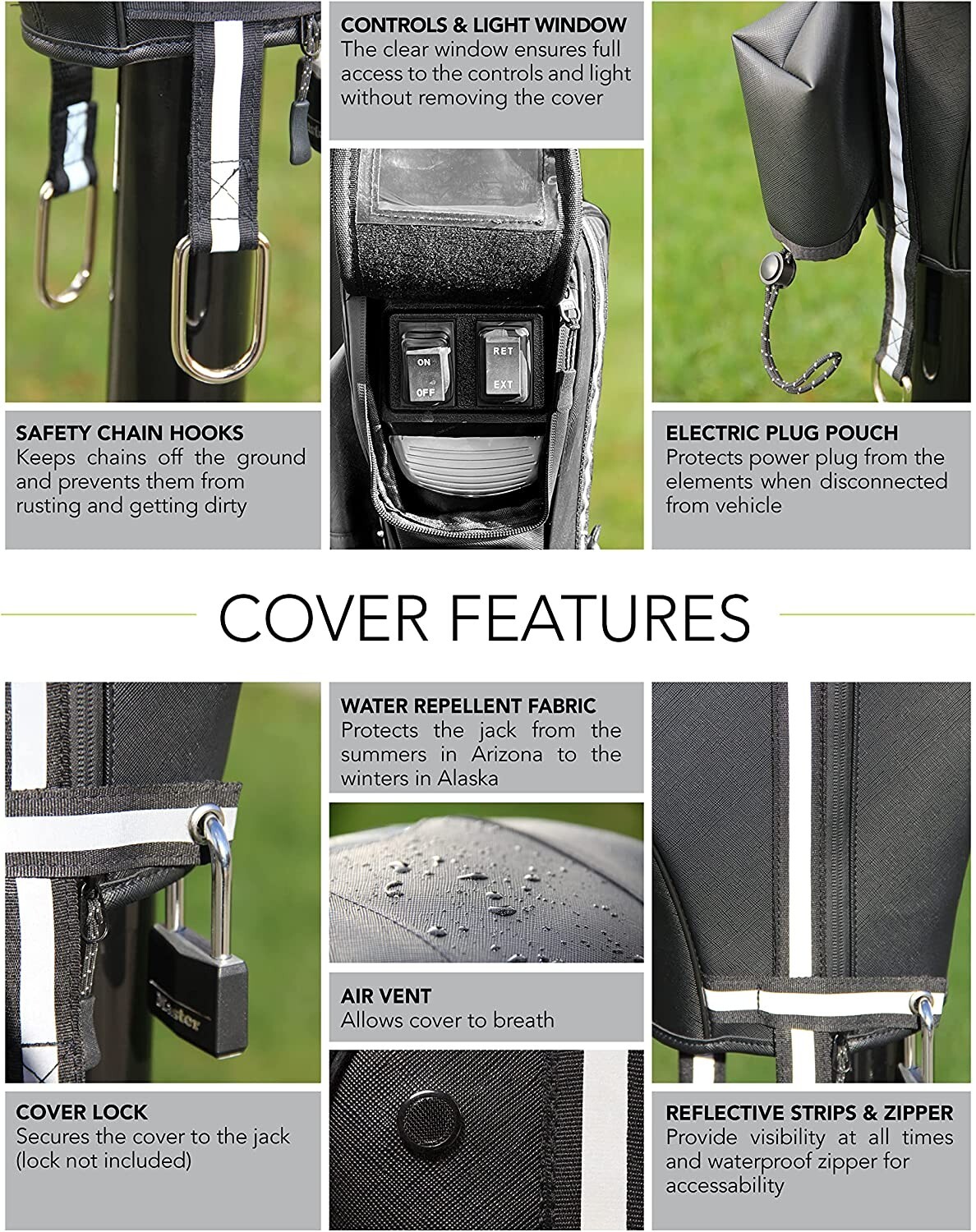 Electric Tongue Jack Cover for LCI Jack Trailer RV Chains Holder Sun