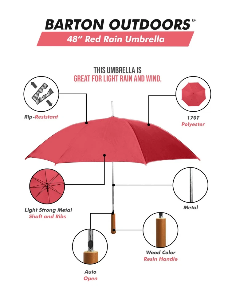 6PK - 48" Auto Open Red Umbrella Foto 2 de 4