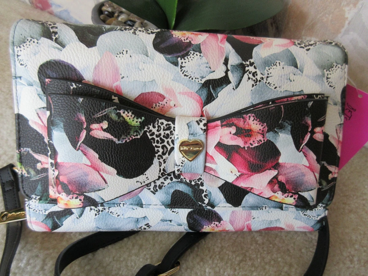 Betsey Johnson XODANI Black Floral Crossbody Bag With Bow Heart