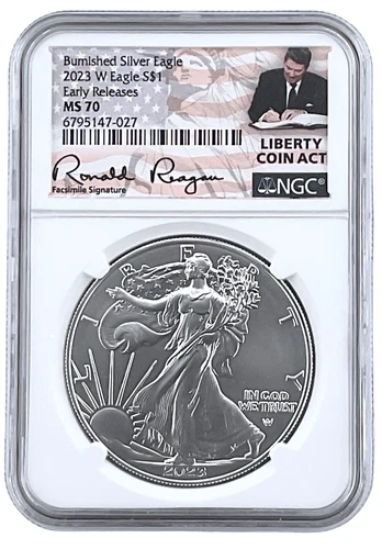 2023 W Burnished Silver Eagle NGC MS70 - ER - White Core Liberty Coin Act Label