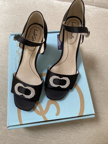 Life Stride Women's Sandal Heels Shoes Black Satin With Crystals New Size 6.5