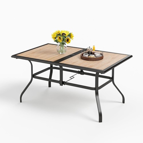 Outdoor Rectangular Dining Table with Umbrella Hole, Garden Dining Tab