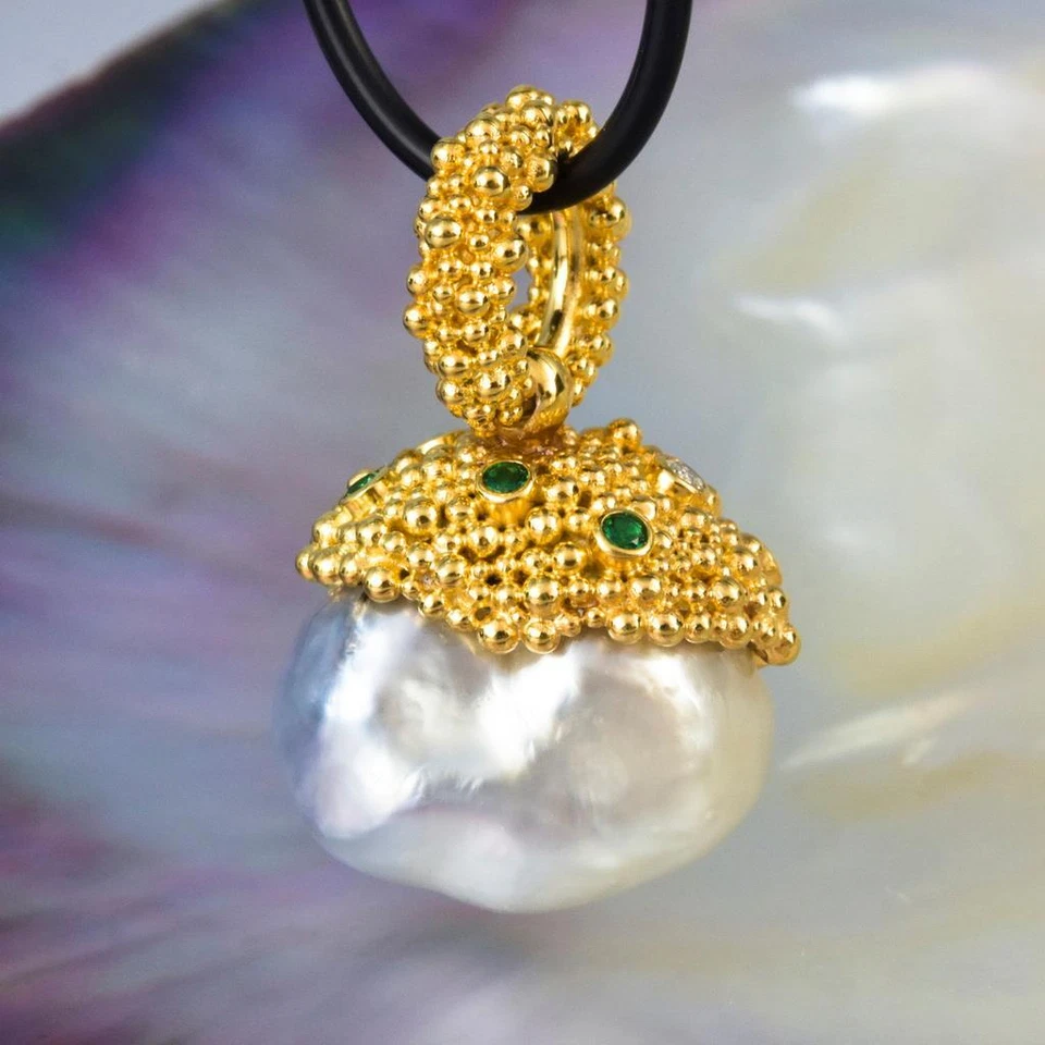 Gigantische South Sea Pearl Pendant Gold Vermeil Sterling, Diamant & Smaragd - Bild 3 von 4