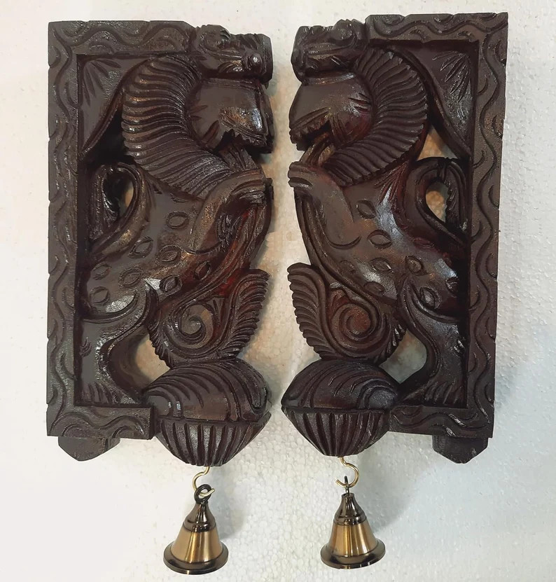 Set Of 2 wood Yali corbel Dragon Statue Wall Bracket Corbel Guardian wall Door