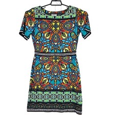 Womesn eci Multicolor Mosaic Dress BOHO Geometric Short Sleeve Polyester Size 6
