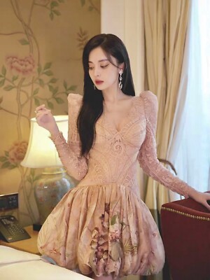 ★as''on★FLORA LACE PUFF DRESS / BROWN★正規品/韓国送料込 Sweet Elegant Long Floral Dress Women Casual Vintage Lace