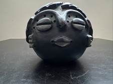 Barro Negro Round Shaker Instr Pottery Clay Face 4" Percussion Mexico Folk Art