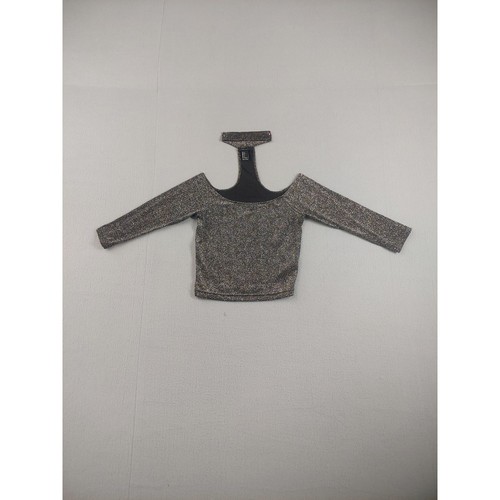 Forever 21 Shirt Womens Small Silver Glitter Cold Shoulder Long Sleeve Crop Top