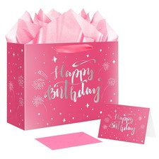 12.6" Large Pink Happy Birthday Gift Bag with Greeting Card Tissue Papers
