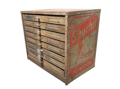 Vintage Shurhit Quality Ignition 8 Drawer Metal Display Cabinet Oil Advertising