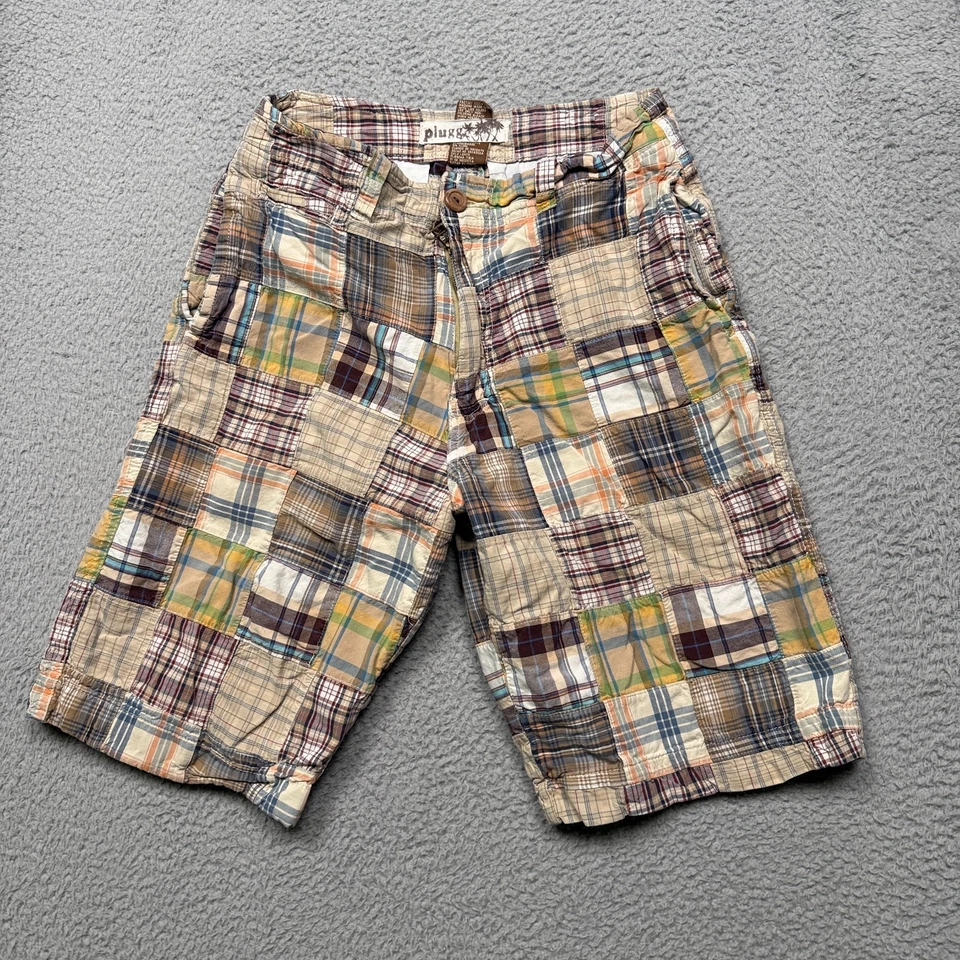 Plugg Men’s Madras Patchwork Plaid Chino Shorts Size 29 Preppy Beach Casual - Image 2 of 4