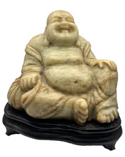 ARTE ORIENTALE BUDDHA IN GIADA NATURALE CON BASE IN LEGNO