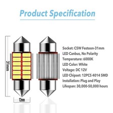 White 31mm Interior LED Door Dome Light Bulbs Super C5W Bright Canbus 2X EOOH