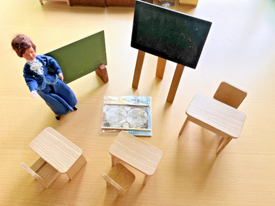 Caco Vintage Teachers, Schoolhouse Desks, Chairs and Blackboard