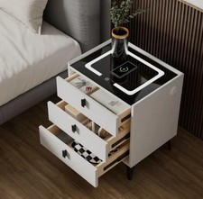 LED Bedside Table Wireless Charging Side Cabinet Nightstand with 3 Drawers Gray