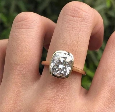 2CT Cushion Moissanite Hidden Bezel Set Engagement Ring 14K Yellow Gold Plated