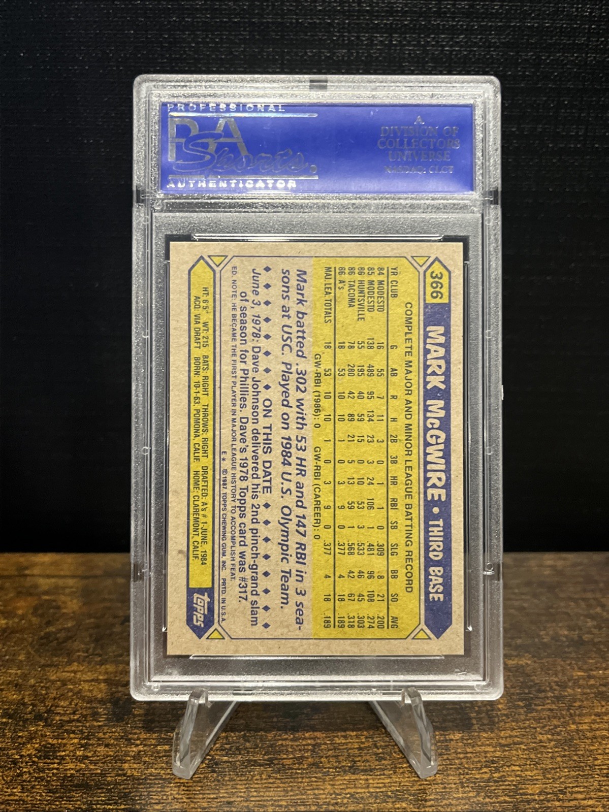 Topps 1987 Mark McGwire Oakland Athletics #366 PSA 10 Graded Baseball Card view 2