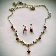 Valentines Day Red Rose and silver vine necklace and pierced earring set