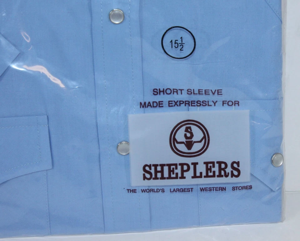 Camisa Western Sheplers De Colección Nueva en Paquete Manga Corta Poli Algodón Azul Perla 15 1/2 Foto 2 de 4