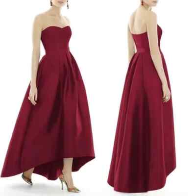 Alfred Sung Strapless Satin High Low Dress with Pockets - D699 - Red - 16