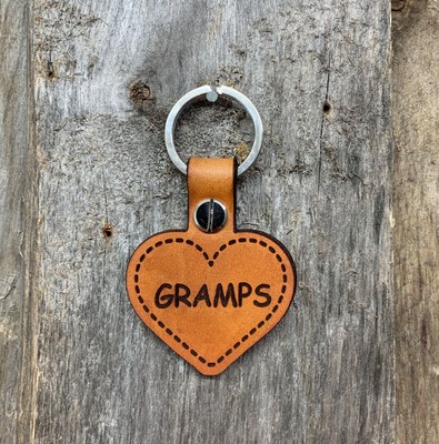 GRAMPS PERSONALISED HEART LEATHER KEYRING Key Fob Keychain Tan Family Gift