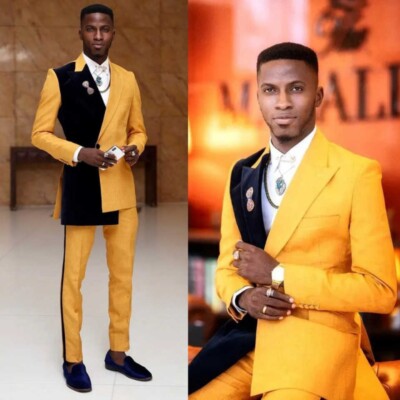 Men's Yellow Black Colorblock Suit Fashionable Casual Style Spring Party Wedding