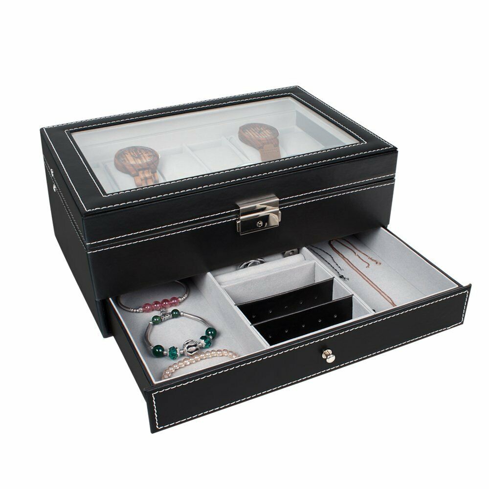 12 Slots Watch Case PU Leather Watch Box Mens Jewelry Display Organizer w/Drawer