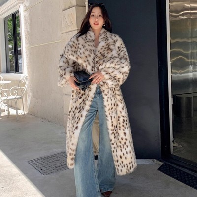 Women' Leopard Print Imitation Fur Jacket Lapel Loose Warm Coat Eco-friendly Fur