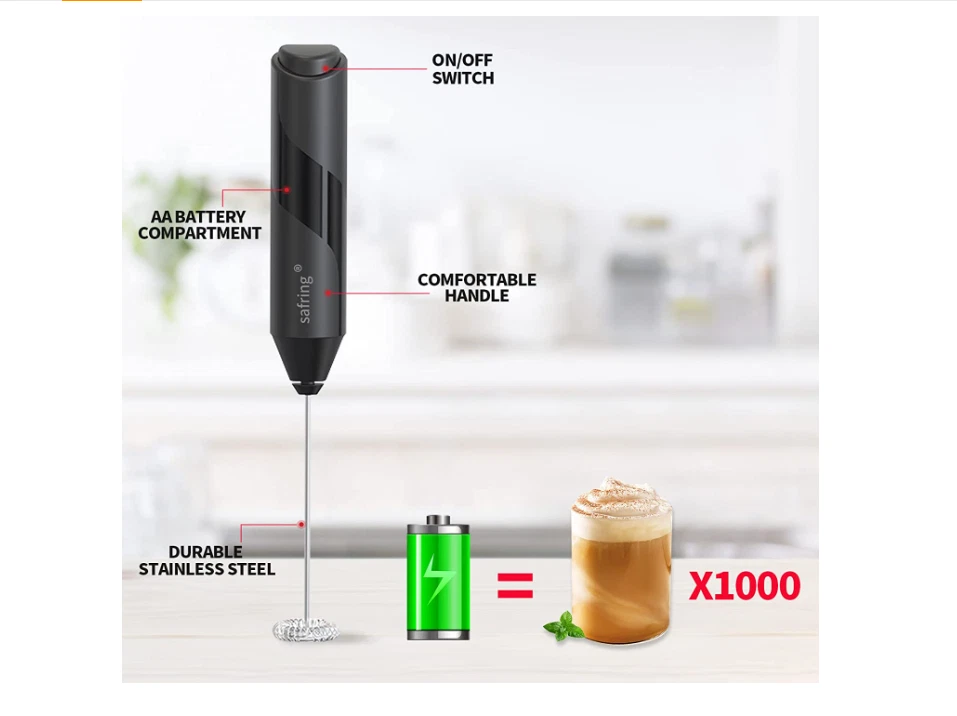 Milk Frother for Coffee - Handheld Stainless Steel Electric Whisk, Battery Power
