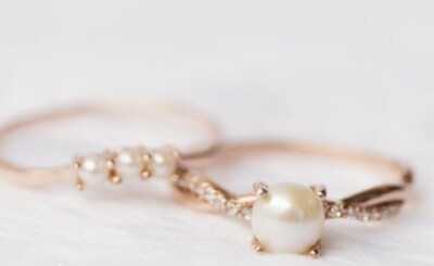 1Ct Round Cut Simulated Pearl 14k Rose Gold Plated Wedding Bridal Ring Set