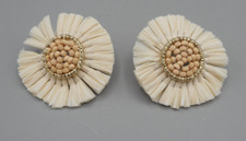 Faux Raffia and Bead Floral Earring Light Pick Petal Gold Accent 2" Round Post