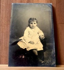 1800s Civil War Photo Era young girl bangs necklace layered dress TinType
