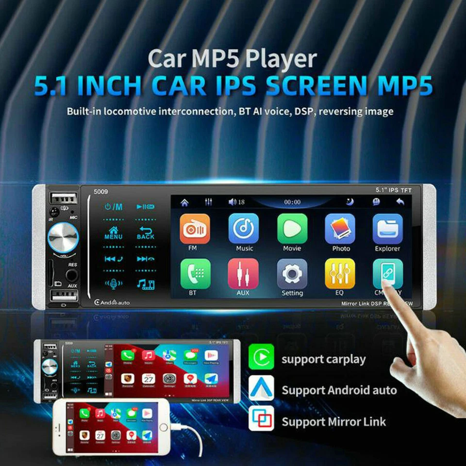 Radio estéreo para automóvil de 5,1" individual 1 Din reproductor de MP5 Bluetooth pantalla táctil Carplay FM Foto 3 de 4