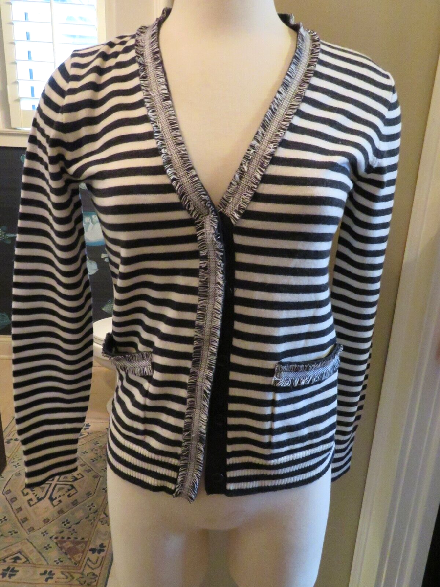 NWOT J Crew Gray White Striped Harlow Fringe Wool Cardigan Sweater Size S V  Neck