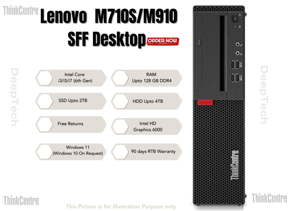 Lenovo M910 SFF Intel i7-6700 7th Gen 64GB RAM 1TB SSD Wi-Fi Enabled Desktop PC - Image 2 of 4