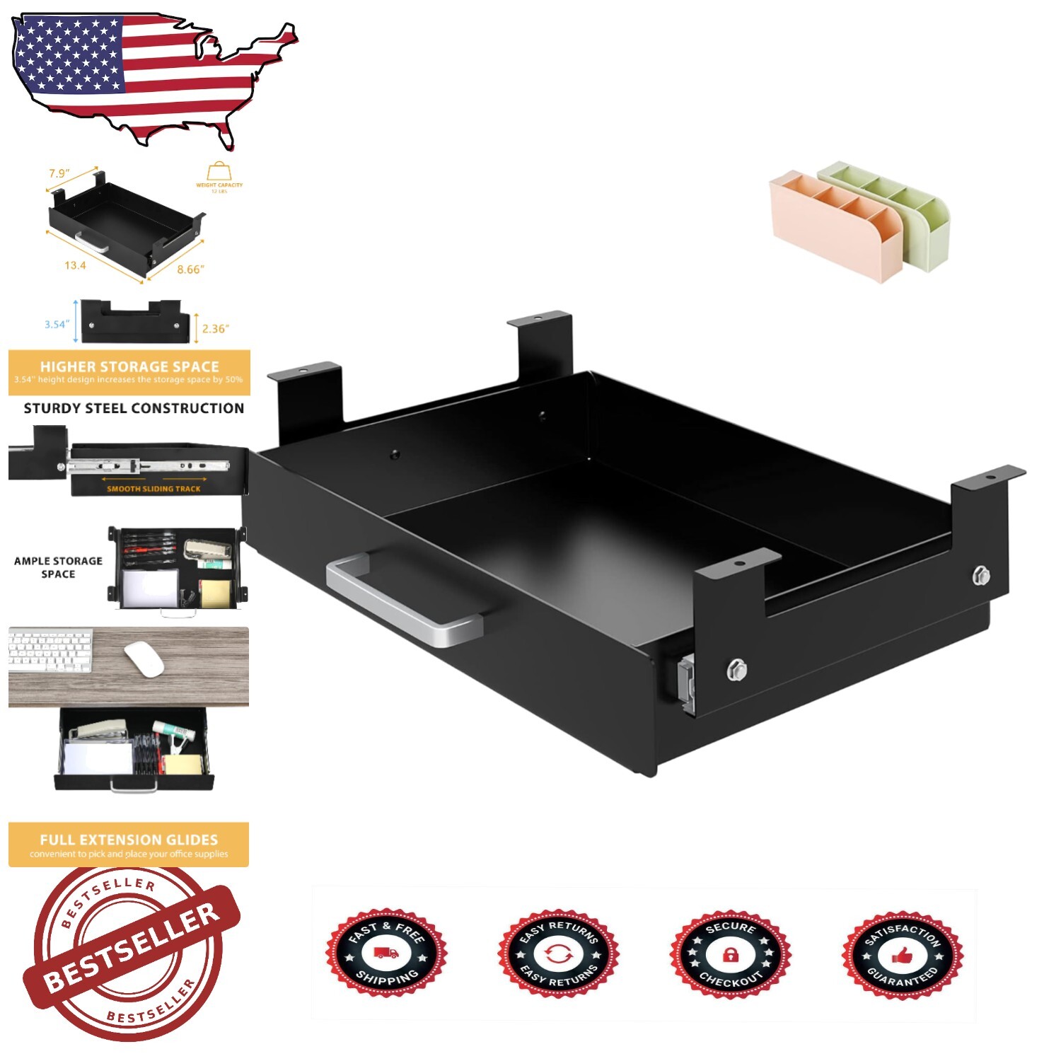 Space-Saving Steel Under Desk Pull-Out Drawer for Office Storage
