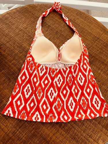Lands' End Women's Tankini 2 pc Swim Orange White Diamonds Halter Padded Size 8 - Picture 3 of 10