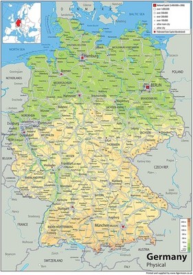 Germany Physical Map - 16.5 x 23.3 inches - Laminated