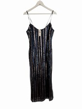 Anthropologie Blue Sequin Dress Midi Striped New RRP £148 Size S 8 10 Party