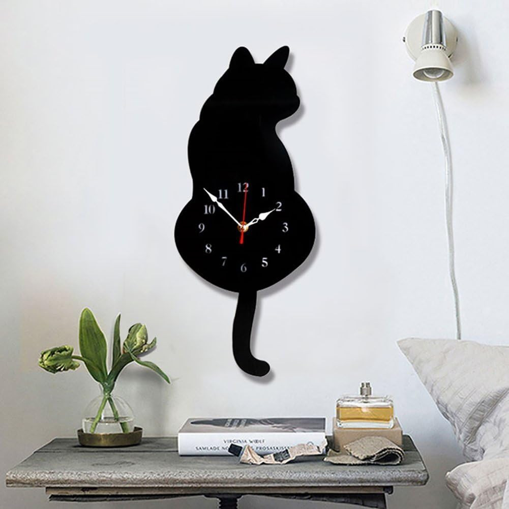 Topkey Wall Clock Creative DIY Cat Acrylic Wall Clock with Swing Tail Pendulum f