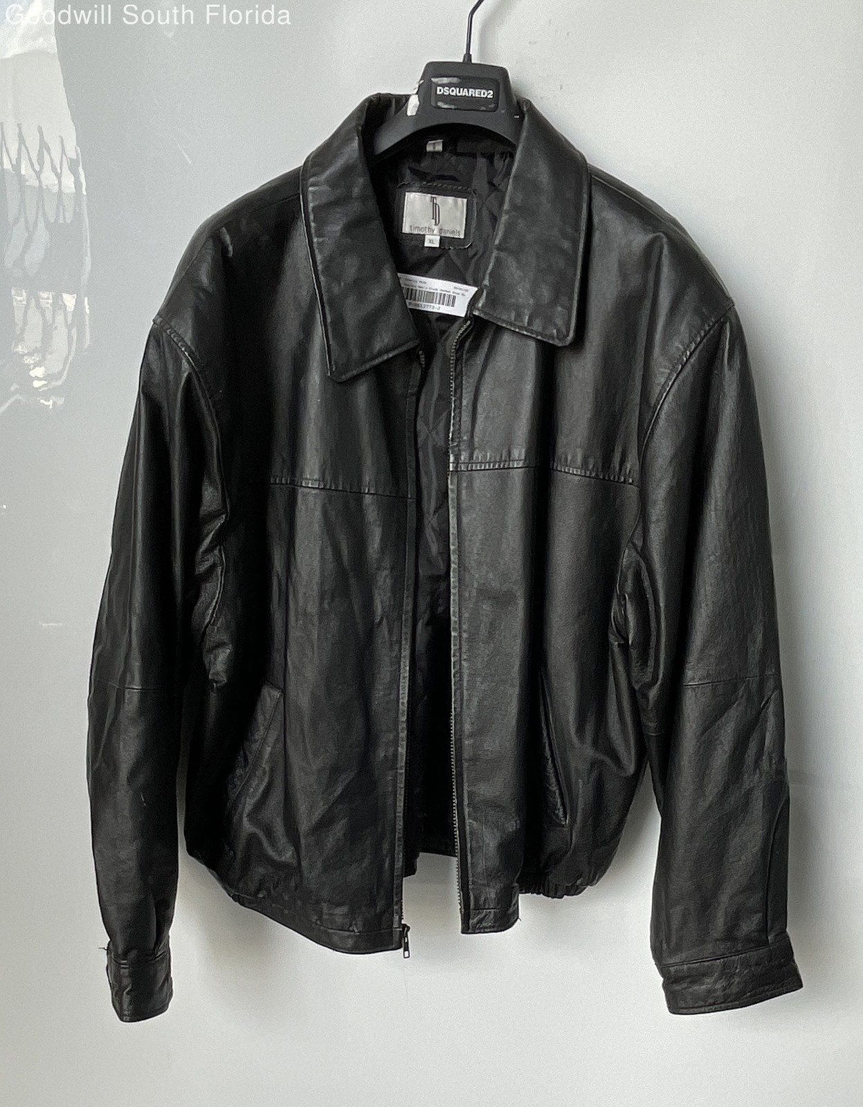 Timothy Daniels Mens Black Leather Long Sleeve Full-Zip Bomber Jacket Size XL