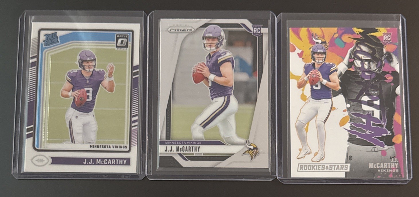 JJ McCarthy 2024 Prizm RC #400 + Rated Rookie Optic #235, Rookies & Stars RE-JMY