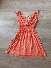 Mia Suri Coral Peach Flared Dress Stretch Midi Ruched Tie Shoulders BNWT UK8/10